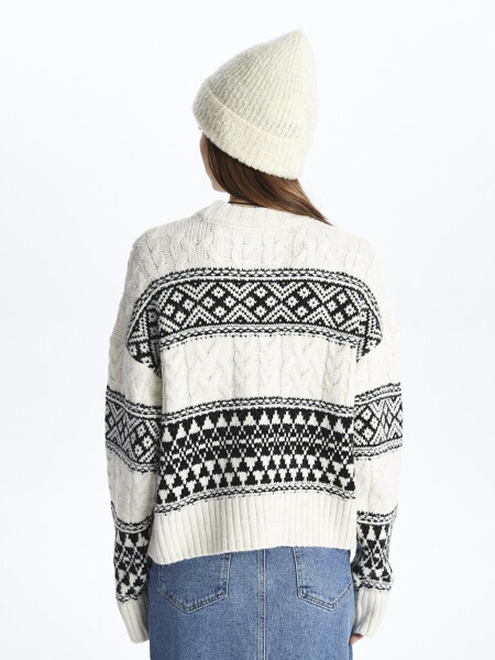 Barcelona - Bicycle Neck Soft Textured Jacquard Knit Sweater - White-Black Color - 15