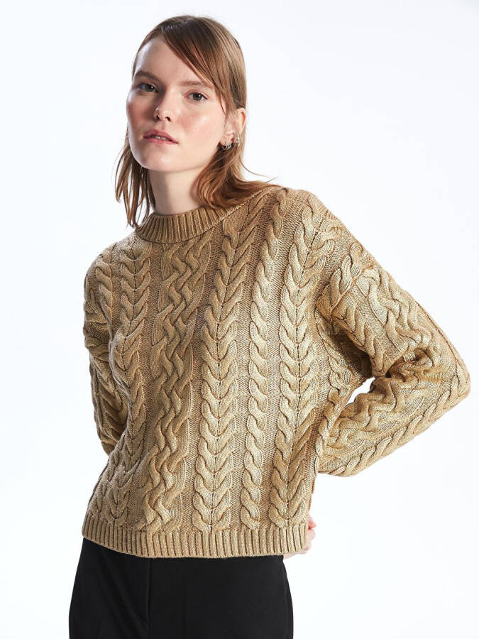 Bari - Bicycle Collar Printed Braid Patterned Knitted Sweater - Light Gold Color-Yellow - 1