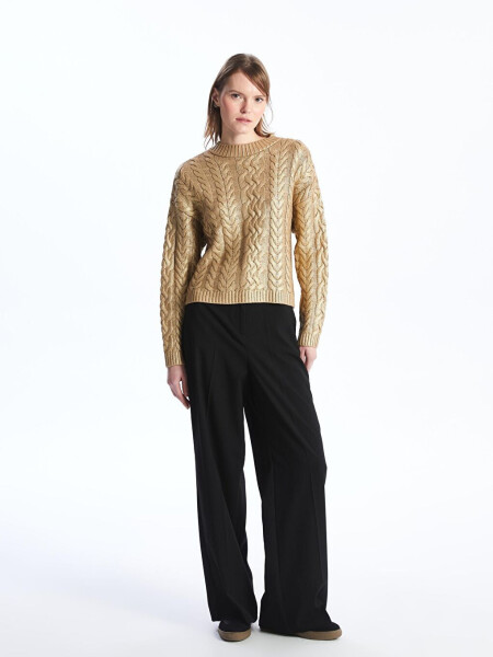 Bari - Bicycle Collar Printed Braid Patterned Knitted Sweater - Light Gold Color-Yellow - LC WAIKIKI (1)