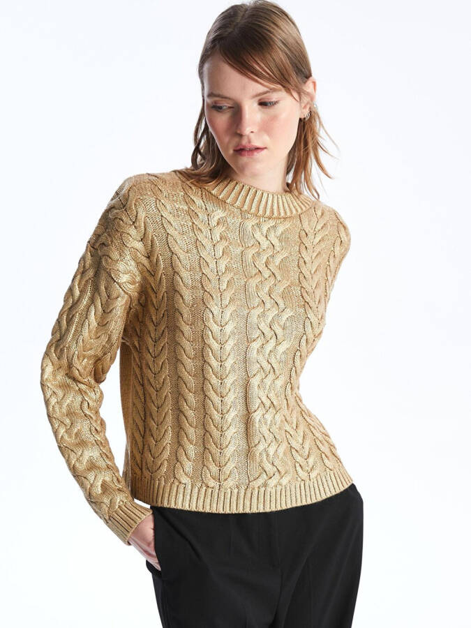 Bari - Bicycle Collar Printed Braid Patterned Knitted Sweater - Light Gold Color-Yellow - 3