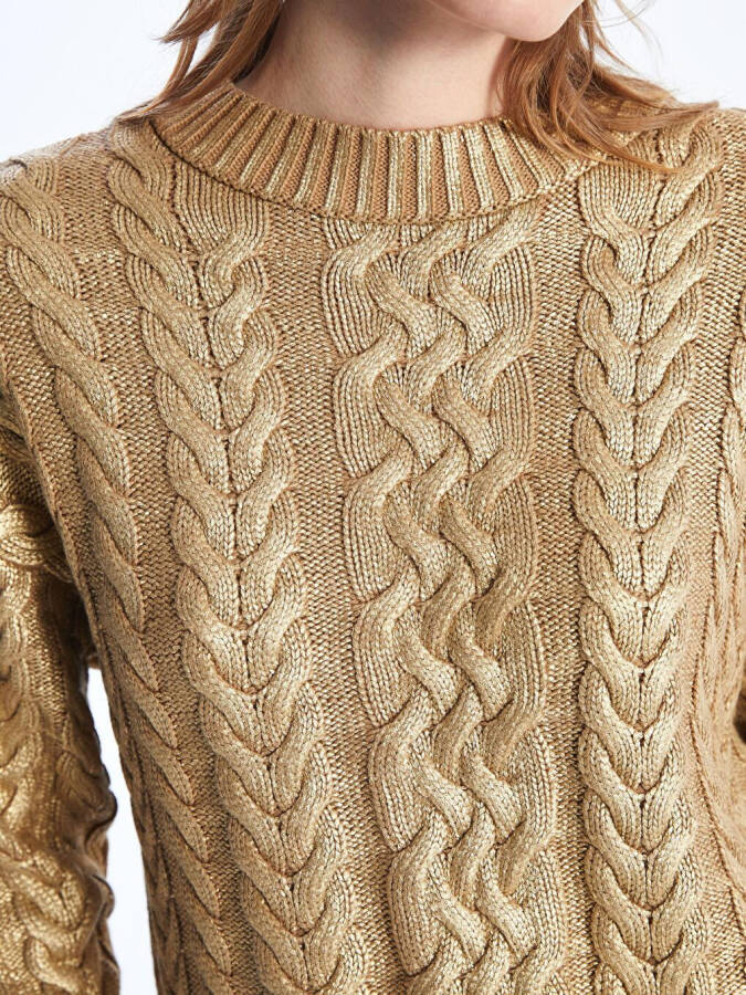 Bari - Bicycle Collar Printed Braid Patterned Knitted Sweater - Light Gold Color-Yellow - 4