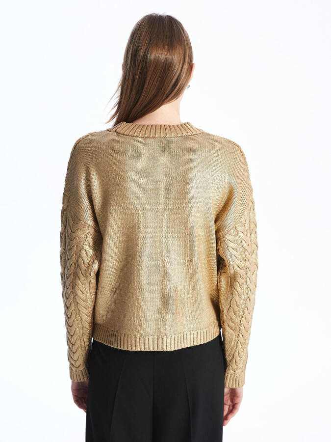 Bari - Bicycle Collar Printed Braid Patterned Knitted Sweater - Light Gold Color-Yellow - 5