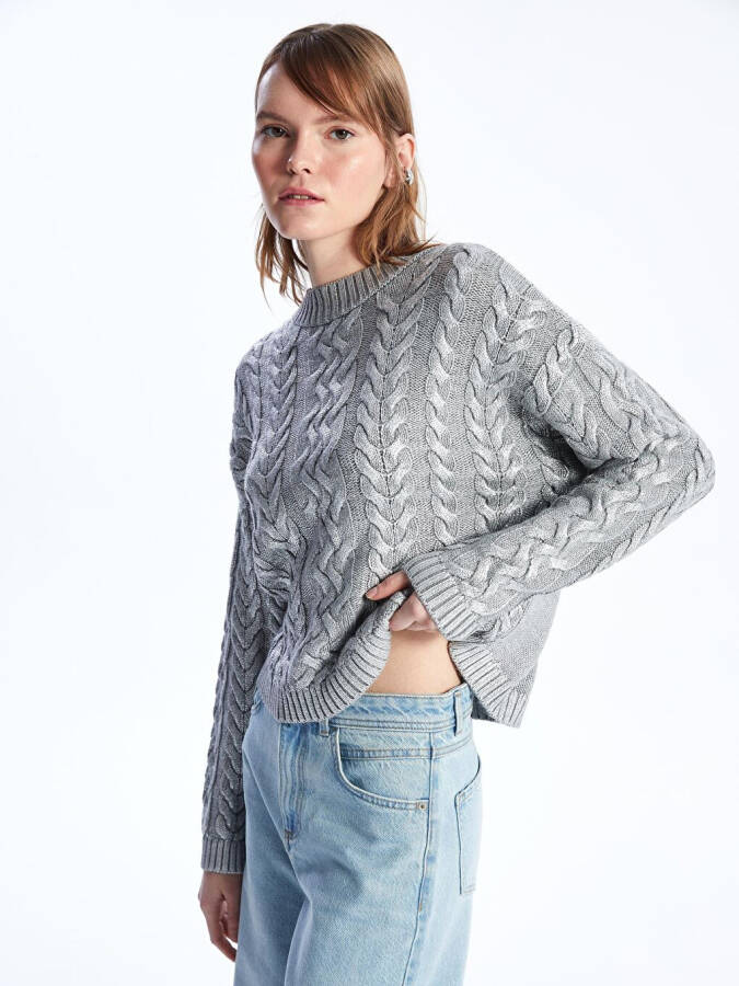 Bari - Bicycle Collar Printed Hair Braid Patterned Knitted Sweater - Silver Color-Gray - 1