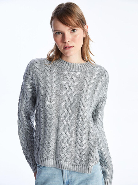 Bari - Bicycle Collar Printed Hair Braid Patterned Knitted Sweater - Silver Color-Gray - 3