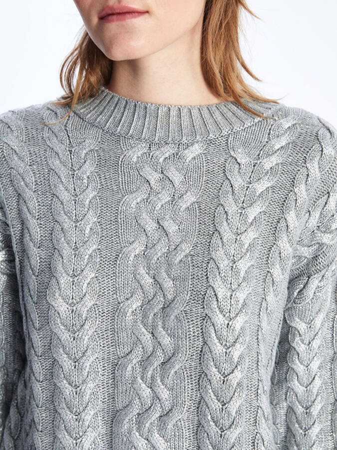 Bari - Bicycle Collar Printed Hair Braid Patterned Knitted Sweater - Silver Color-Gray - 4