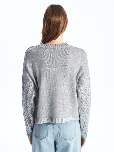 Bari - Bicycle Collar Printed Hair Braid Patterned Knitted Sweater - Silver Color-Gray - 5