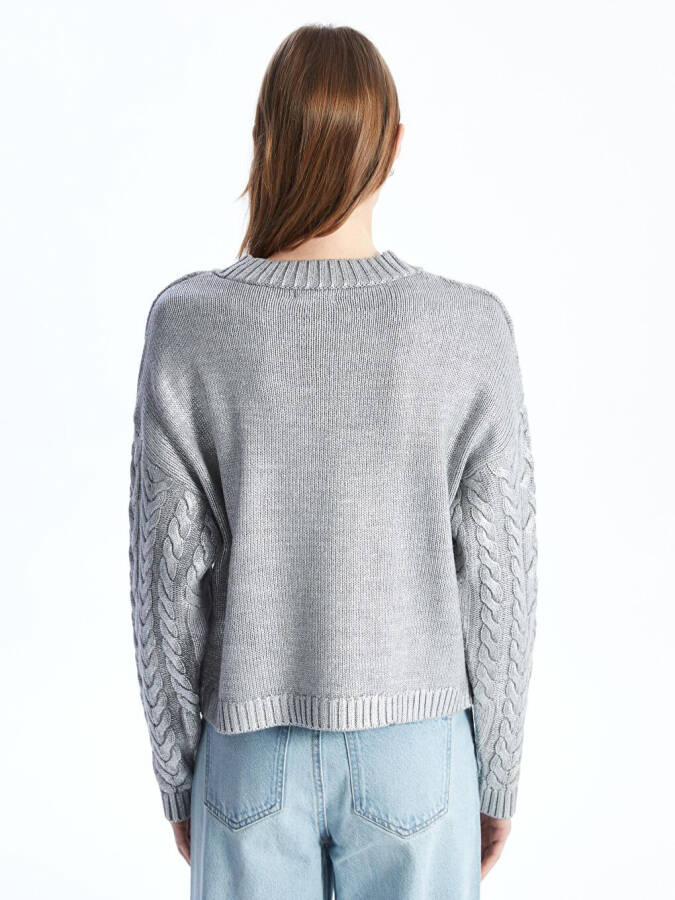 Bari - Bicycle Collar Printed Hair Braid Patterned Knitted Sweater - Silver Color-Gray - 5