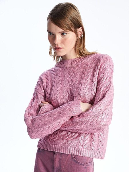 Bari - Bicycle Neck Foil Printed Braid Patterned Knit Sweater - Pink - 5