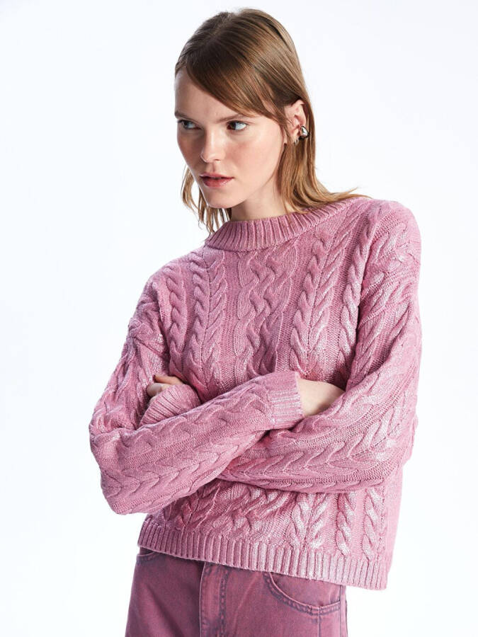 Bari - Bicycle Neck Foil Printed Braid Patterned Knit Sweater - Pink - 1