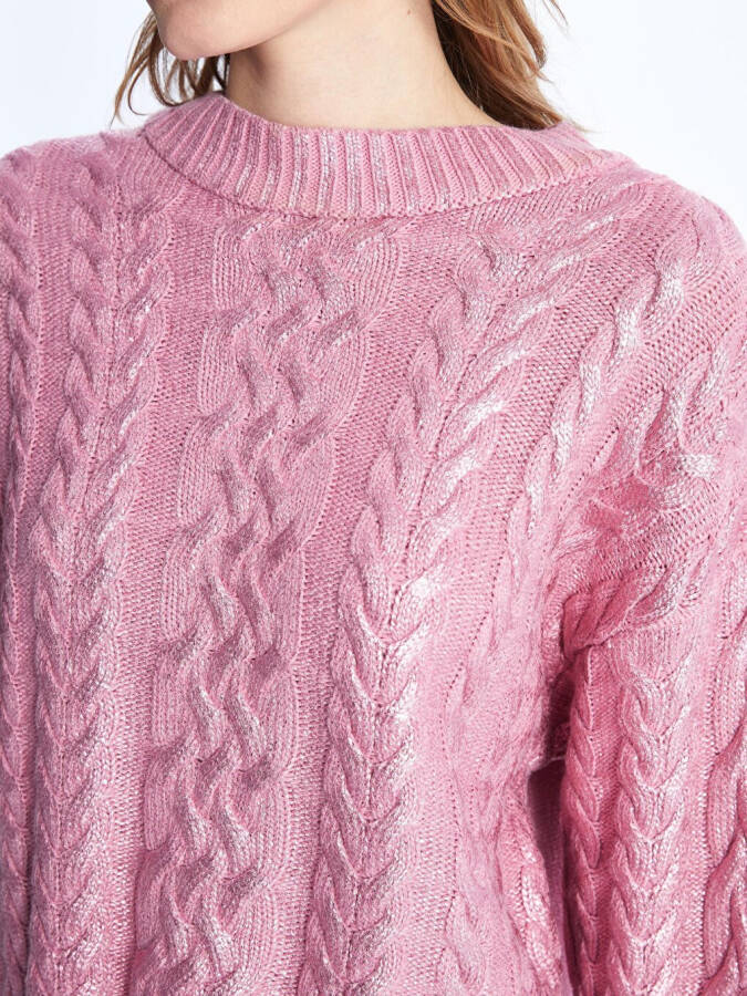 Bari - Bicycle Neck Foil Printed Braid Patterned Knit Sweater - Pink - 11