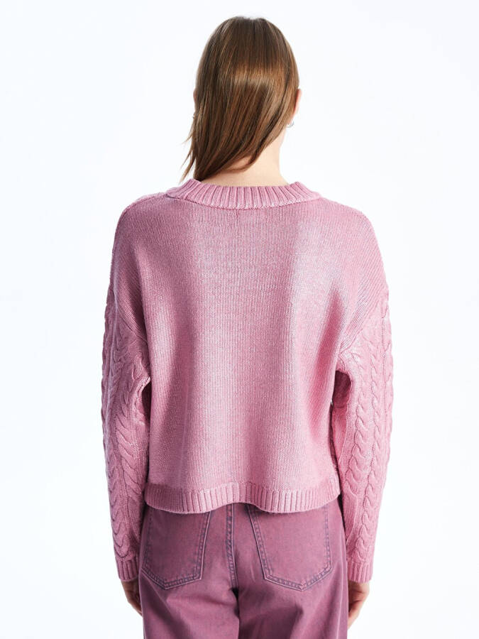 Bari - Bicycle Neck Foil Printed Braid Patterned Knit Sweater - Pink - 12