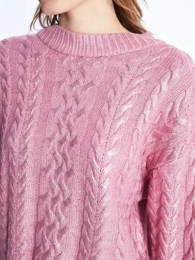 Bari - Bicycle Neck Foil Printed Braid Patterned Knit Sweater - Pink - 3