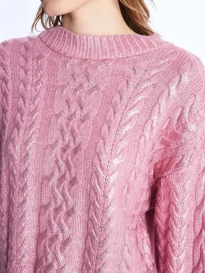 Bari - Bicycle Neck Foil Printed Braid Patterned Knit Sweater - Pink - 11