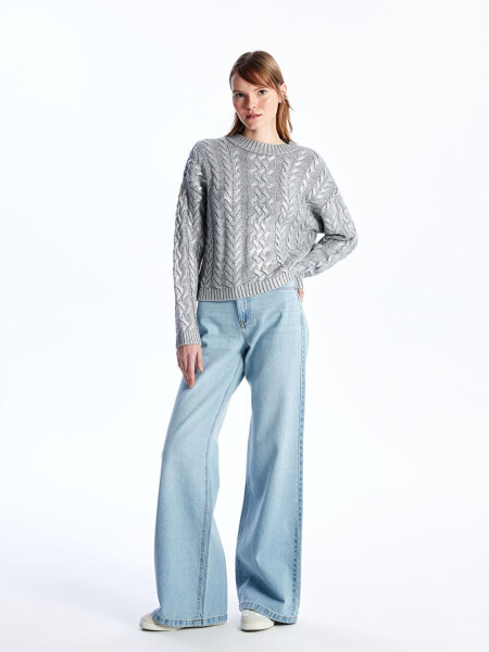 Gri Bari - Bisiklet Yaka Varak Baskılı Saç Örgü Desenli Triko Kazak - Gümüş Renk-Gri - 2