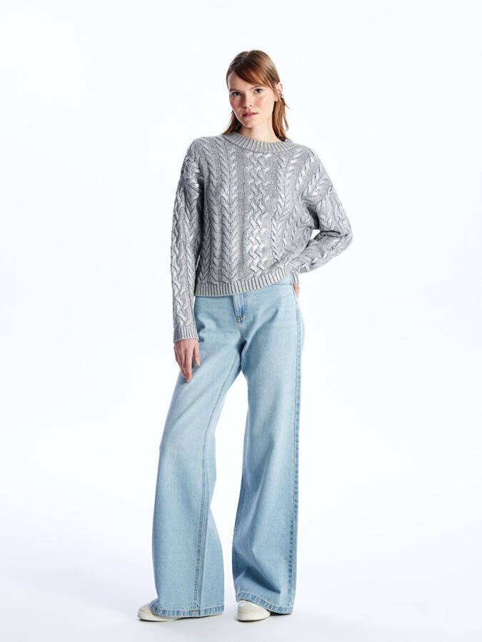 Gri Bari - Bisiklet Yaka Varak Baskılı Saç Örgü Desenli Triko Kazak - Gümüş Renk-Gri - 2