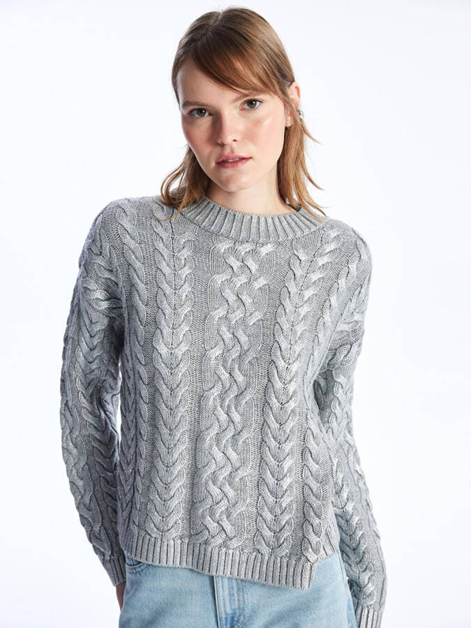 Bari - Velosiped Yaka, Varak Baskılı, Soch Orgu Naqshli Triko Kozak - Kumush Rang - Kulrang - 3