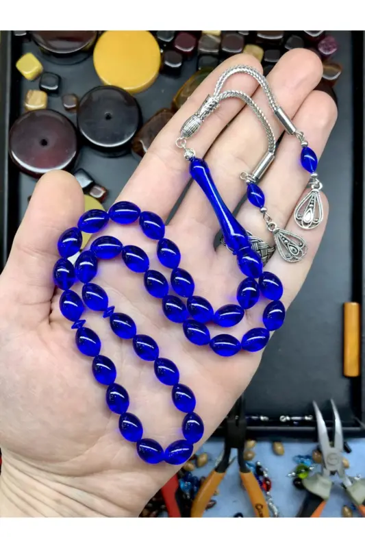 Barley Cut Blue Wooden Boxed Dust Amber Rosary-blue002 - 2