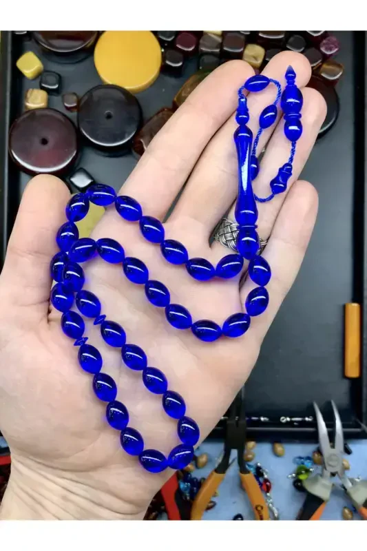 Barley Cut Blue Wooden Boxed Dust Amber Rosary-blue003 - 2