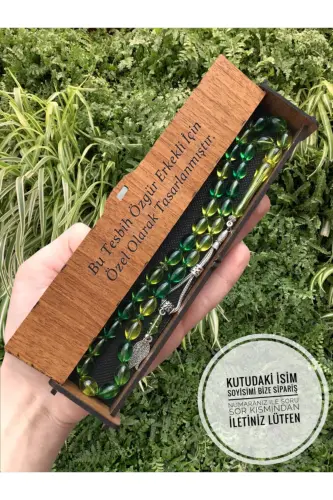 Barley Cut Green Transparent Mottled Wooden Boxed Dust Amber Rosary-Green Transparent002 - KANUNİ TESBİH (1)