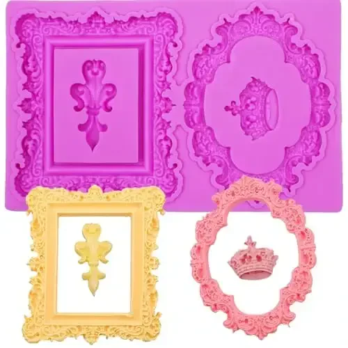 Baroque Mirror Frame Silicone Fondant Molds European Vintage Crown Cake Decoration Molds for Anniversary Weddings Bridal Shower Chocolate Candy Sugar Gum Paste Butter Resin Cookies Polymer Clay 