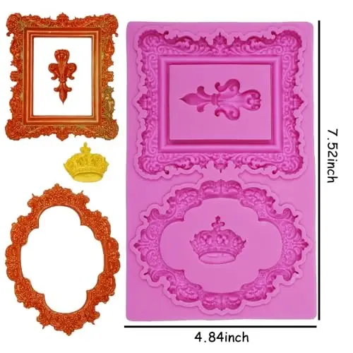 Baroque Mirror Frame Silicone Fondant Molds European Vintage Crown Cake Decoration Molds for Anniversary Weddings Bridal Shower Chocolate Candy Sugar Gum Paste Butter Resin Cookies Polymer Clay - 2