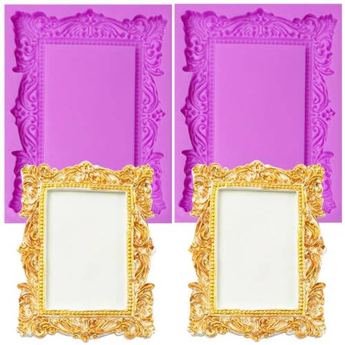 Baroque Photo Frame Fondant Silicone Molds, 3D Picture Mirror Frame Cake Decoration Molds for Chocolate Candy Sugar Craft Gum Paste Cookies Resin Clay Set of 2 - 1