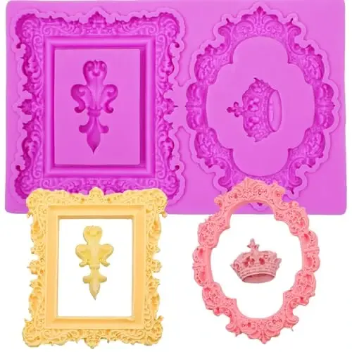 Baroque Mirror Frame Silicone Fondant Molds European Vintage Crown Cake Decoration Molds for Anniversary Weddings Bridal Shower Chocolate Candy Sugar Gum Paste Butter Resin Cookies Polymer Clay - 1