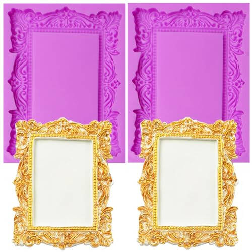 Baroque Photo Frame Fondant Molds, 3D Picture Frame Chocolate Silicone Molds, Mirror Frame Cake Decoration Molds for Candy Sugar Craft Gum Paste Cookies Resin Clay Set of 2 - 1