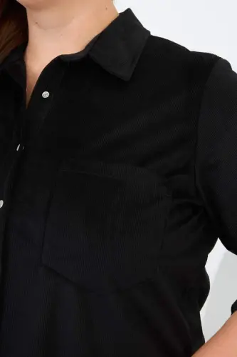 Бархатная рубашка большого размера с черными кнопками на рукавах - BÜYÜKBEDENIZ (1)