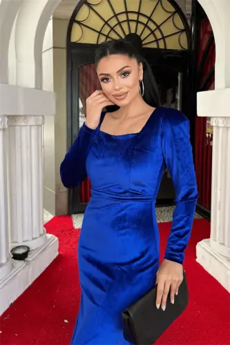 Бархатное Платье Квадратный Воротник - ЛАЗУРНЫЙ - 4