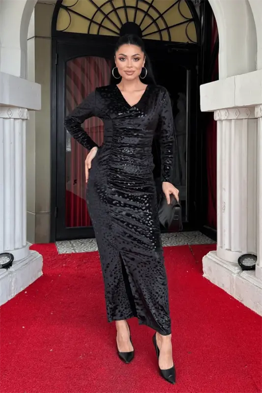 Бархатное платье с драпировкой - ЧЕРНЫЙ - 1