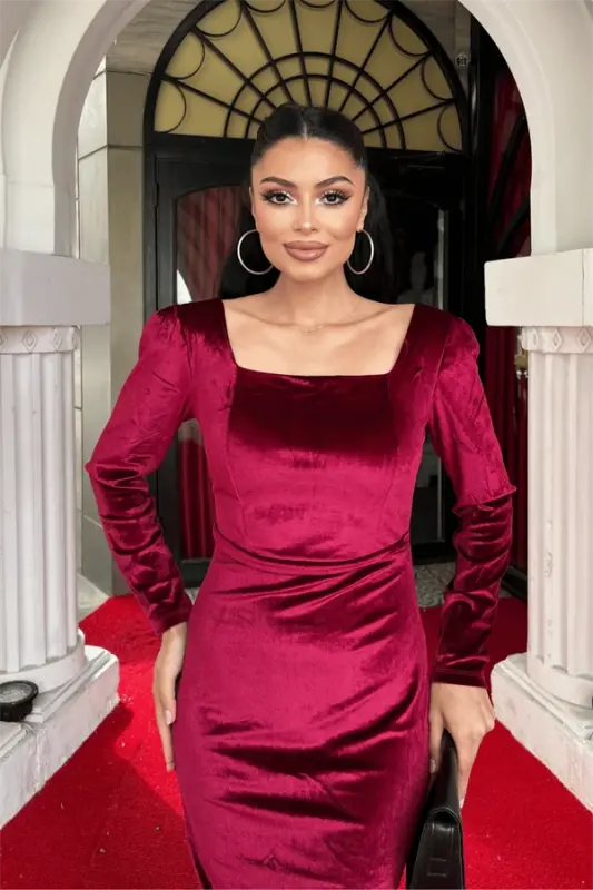 Бархатное платье с квадратным вырезом - БОРДО - 4