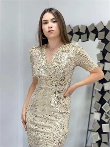 Бархатное платье-жакет с пайетками - GOLD - 3