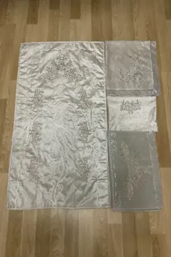 Бархатный молитвенный коврик, комплект из 4 предметов, приданое, бархатный набор из 4 предметов - серый 2 - ÇALIŞKAN ÇEYIZ EVI (1)