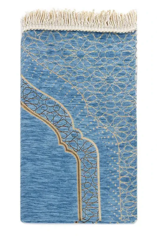 Бархатный молитвенный коврик с михрабным рисунком и подкладкой - Синий - 1