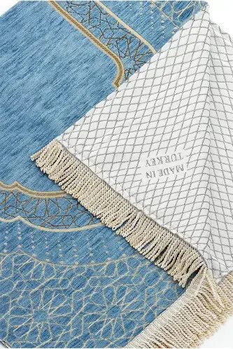 Бархатный молитвенный коврик с михрабным рисунком и подкладкой - Синий - IHVAN ONLINE (1)