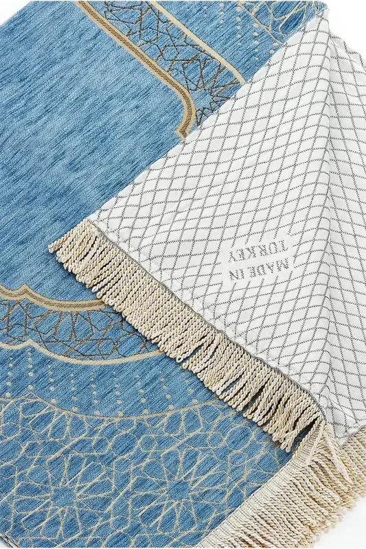 Бархатный молитвенный коврик с михрабным рисунком и подкладкой - Синий - 2