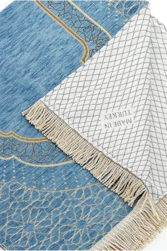 Бархатный молитвенный коврик с михрабным рисунком и подкладкой - Синий - 4