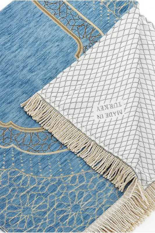 Бархатный молитвенный коврик с михрабным рисунком и подкладкой - Синий - 4