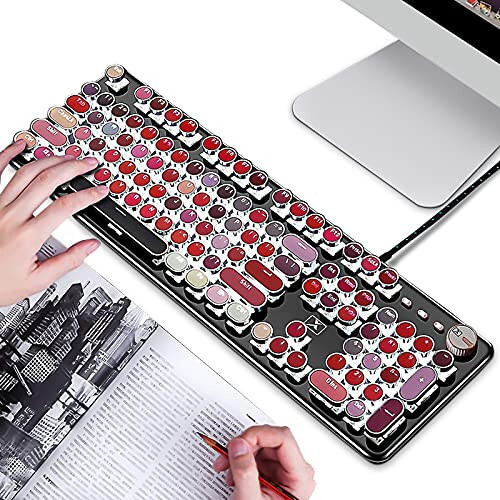 Basaltech Typewriter Style Mechanical Gaming Keyboard, Retro Steampunk Vintage Keyboard with White LED Backlit, 104-Key Anti-Ghosting Blue Switch Wired USB Metal Panel Round Keycaps(Black) - 4