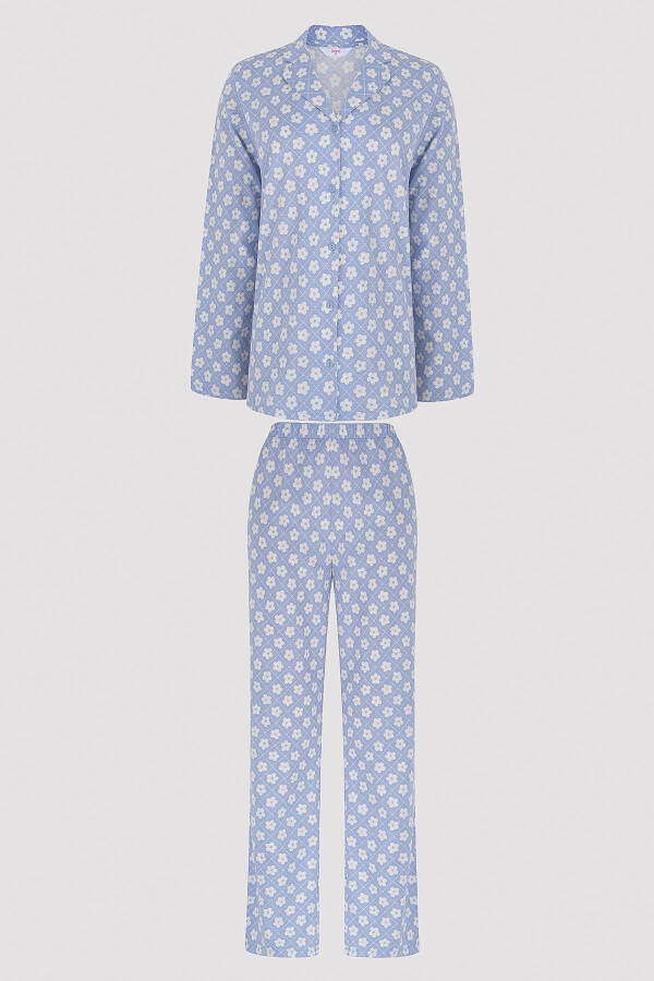 Base Blue Floral Shirt and Pants Pajama Set - 8