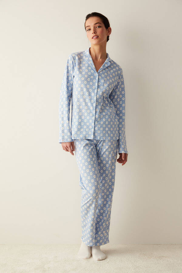 Base Blue Floral Shirt and Pants Pajama Set - 1