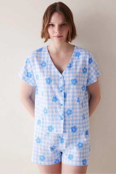 Base Gingham Düğmeli Gömlek Şort Pijama Takımı - Modazone