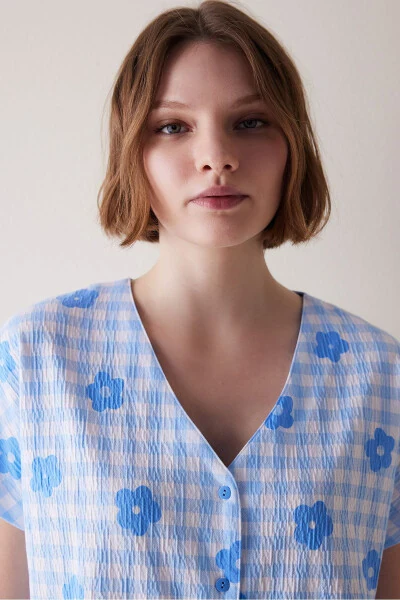 Base Gingham Düğmeli Gömlek Şort Pijama Takımı - Modazone (1)