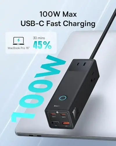 Baseus Power Strip Surge Protector 1200J - PD100W USB C Charger Extension Cord with 3 AC Outlets & 3 USB Port Fast Charging Charging Station for Office Dorm Room Home - 2