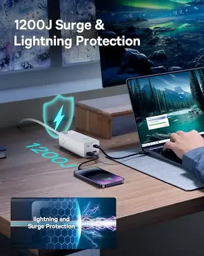 Baseus Power Strip Surge Protector 1200J - PD100W USB C Charger 3 ta AC rozetkali va 3 ta USB portli tez zaryadlash ofis yotoqxonasi uchun zaryadlash stantsiyasi - 4
