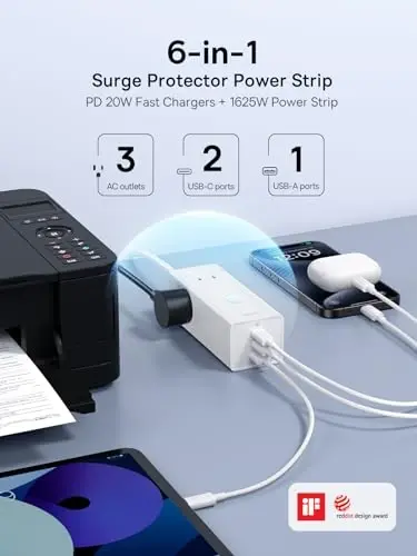 Baseus Power Strip Surge Protector 1200J - PD20W USB C Charger Extension Cord with 3 AC Outlets & 3 USB Port Fast Charging Charging Station for Office Dorm Room Home - 2