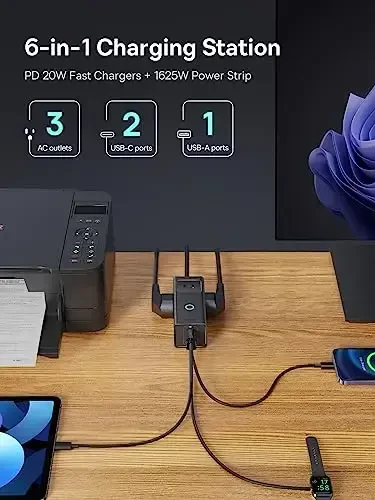 Baseus Power Strip Surge Protector 1200J - PD20W USB C Charger Extension Cord with 3 AC Outlets & 3 USB Port Fast Charging Charging Station for Office Dorm Room Home - Modazone (1)