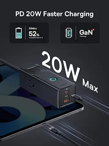 Baseus Power Strip Surge Protector 1200J - PD20W USB C Charger Extension Cord with 3 AC Outlets & 3 USB Port Fast Charging Charging Station for Office Dorm Room Home - 3