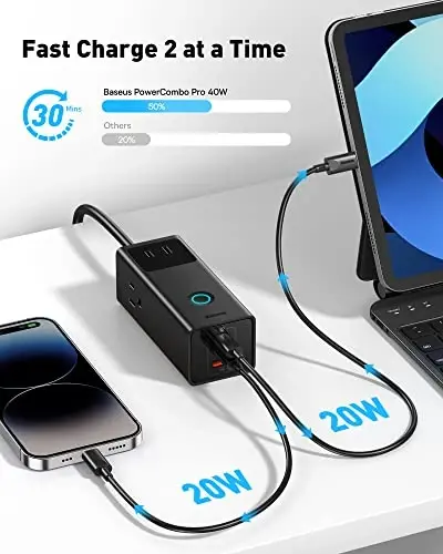 Baseus Power Strip Surge Protector 1200J - PD40W USB C Charger 3 AC rozetkali va 3 USB portli tez zaryadlovchi ofis yotoq xonasi uchun quvvat uzatgichi - 3